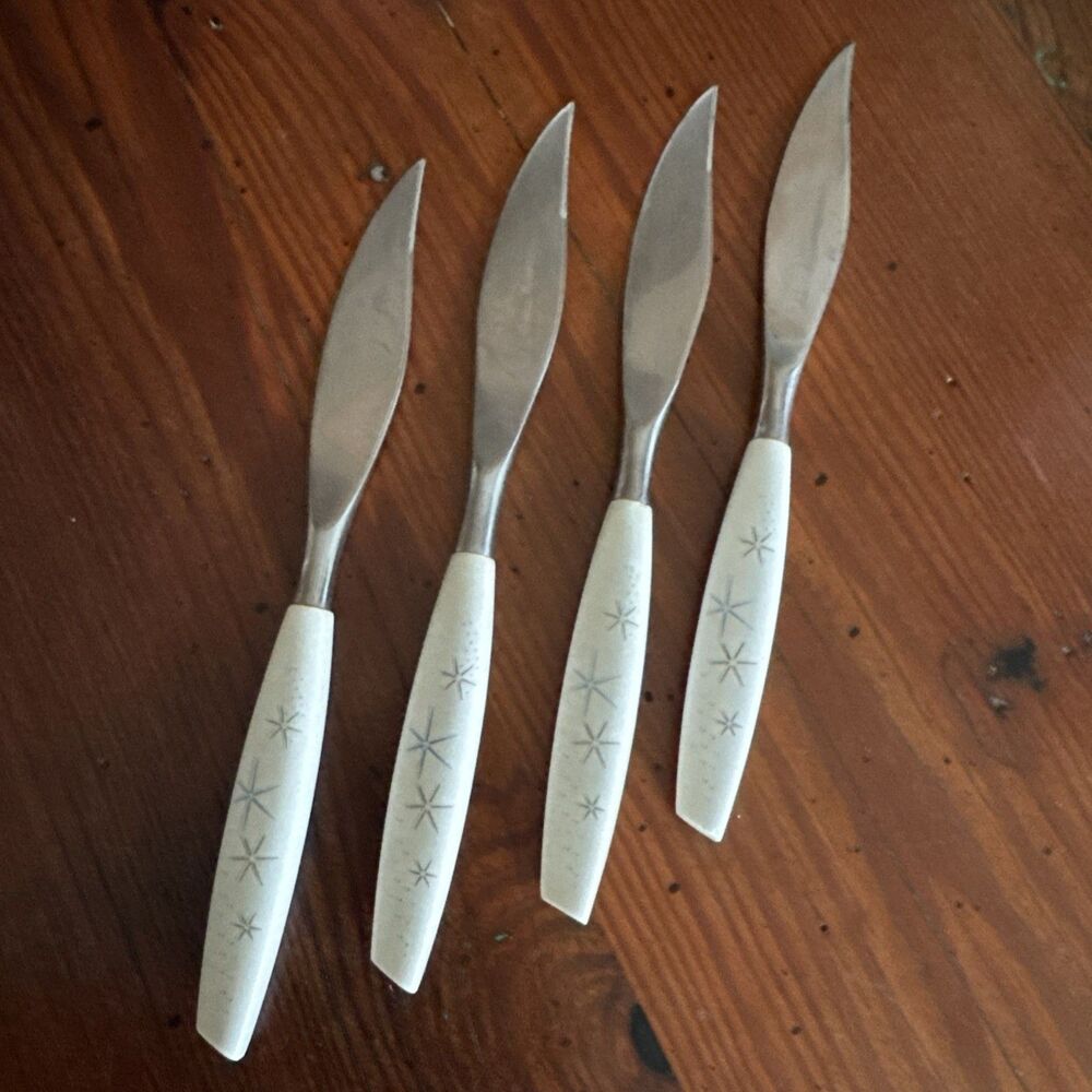 Vintage Mode Danish Stainless Knives Atomic Starburst Sheffield England Lot Of 4